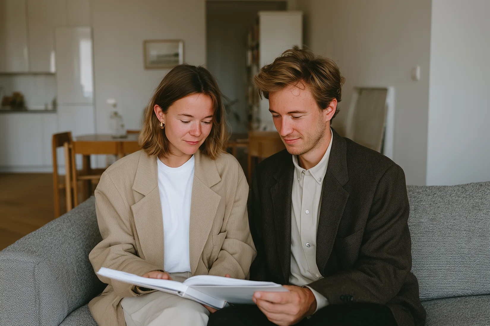 A young couple sits on a grey sofa reading an open booklet together in a bright modern apartment