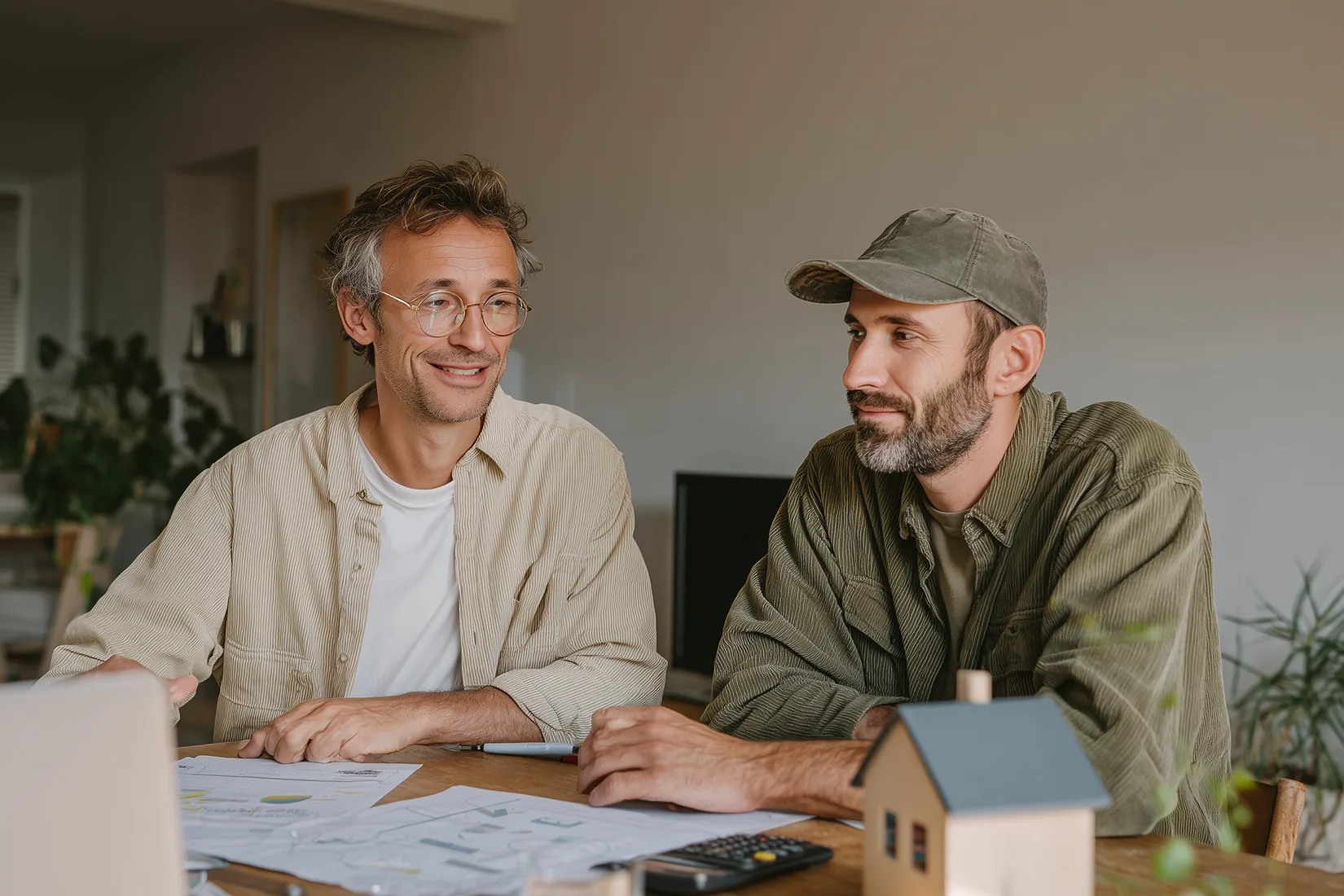 Two smiling men sit at a table with printed charts, a calculator and a small model house, reviewing documents