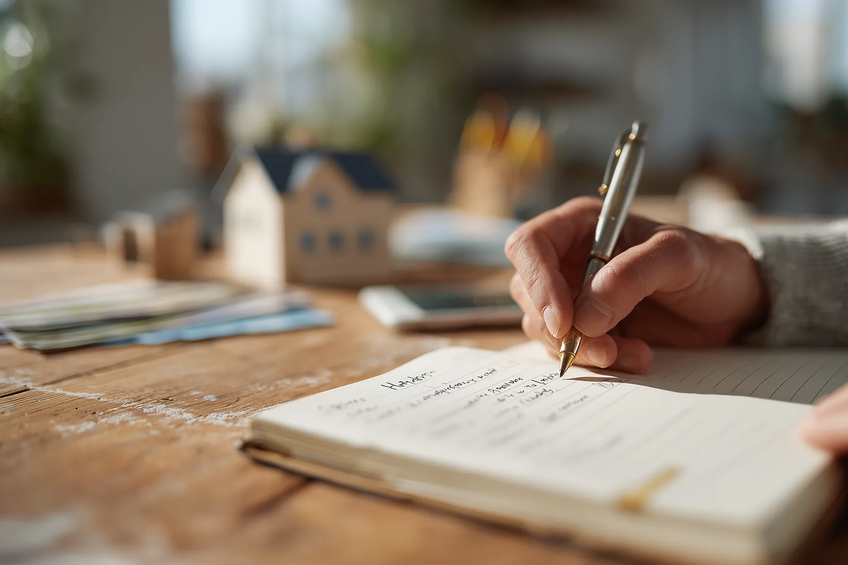 Close-up of a hand writing notes in a lined notebook with a blurred model house and real estate papers on a wooden desk