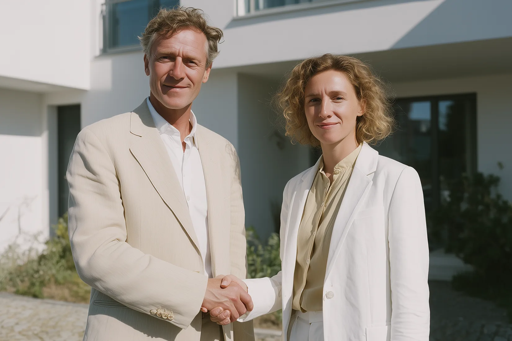 A man in a beige suit and a woman in a white blazer shake hands outdoors in front of a modern white house