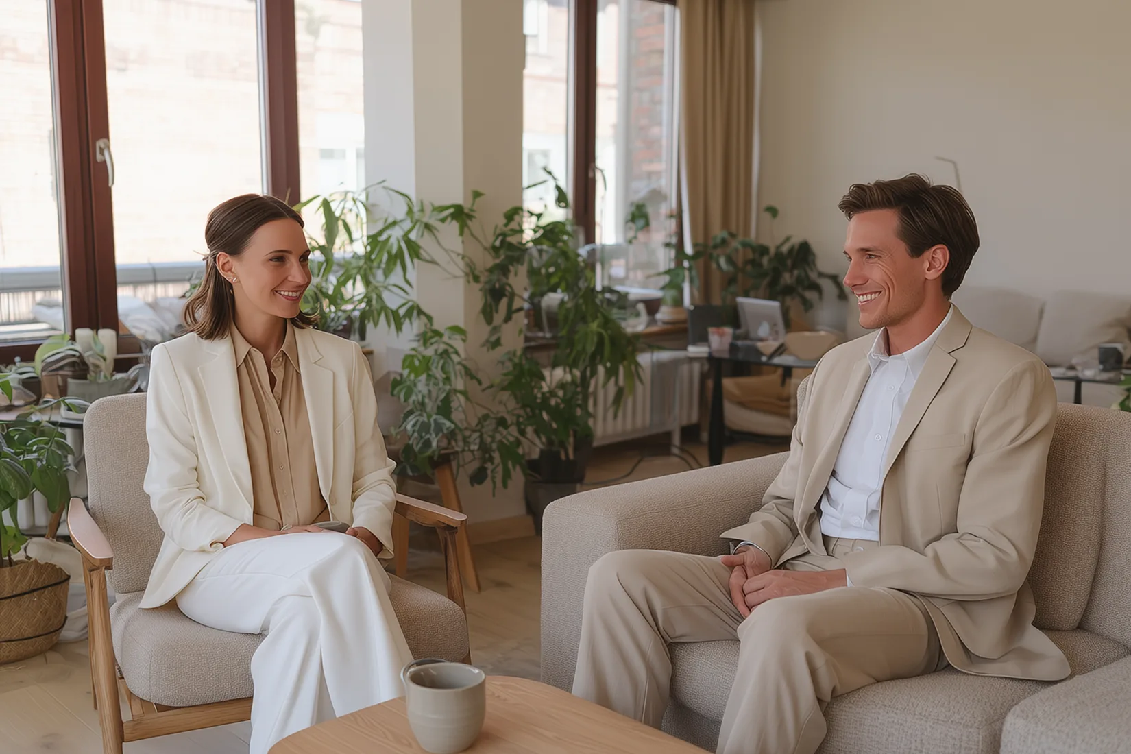 A smiling man and woman in beige suits sit in armchairs chatting in a plant-filled living room with large windows