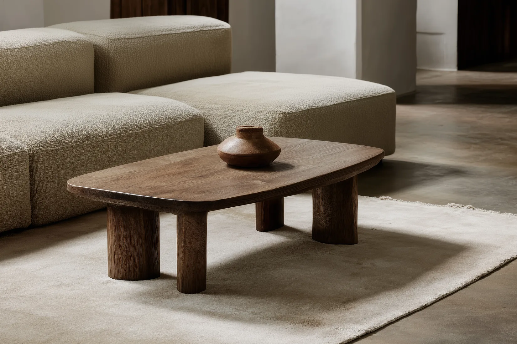 A rounded walnut wood coffee table with a small ceramic vase on a rug beside a beige boucle sofa in a minimalist room