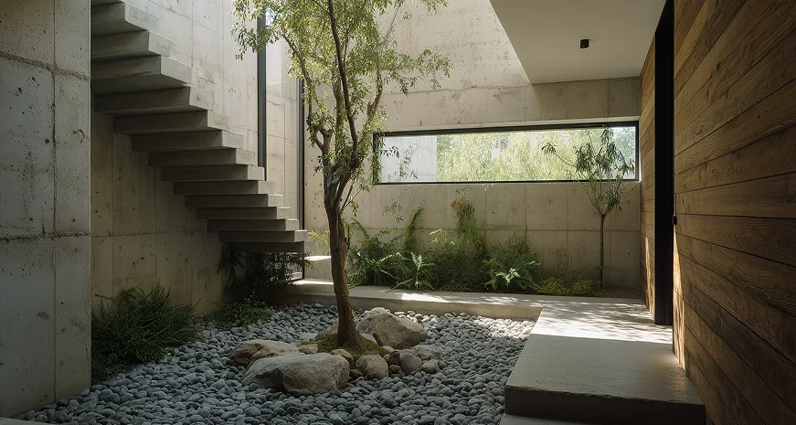 Concrete interior courtyard with a floating cantilevered staircase, a slender tree, and a bed of smooth river stones
