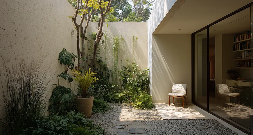 Narrow walled garden courtyard with tropical plants, a stone path, and a single wooden chair beside sliding glass doors
