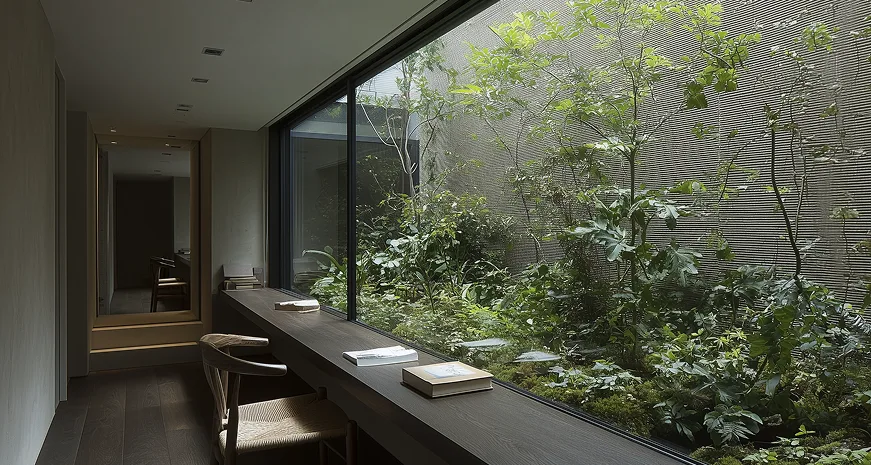 Interior view along a dark wood desk and chair beside floor-to-ceiling glass looking onto a leafy green courtyard garden