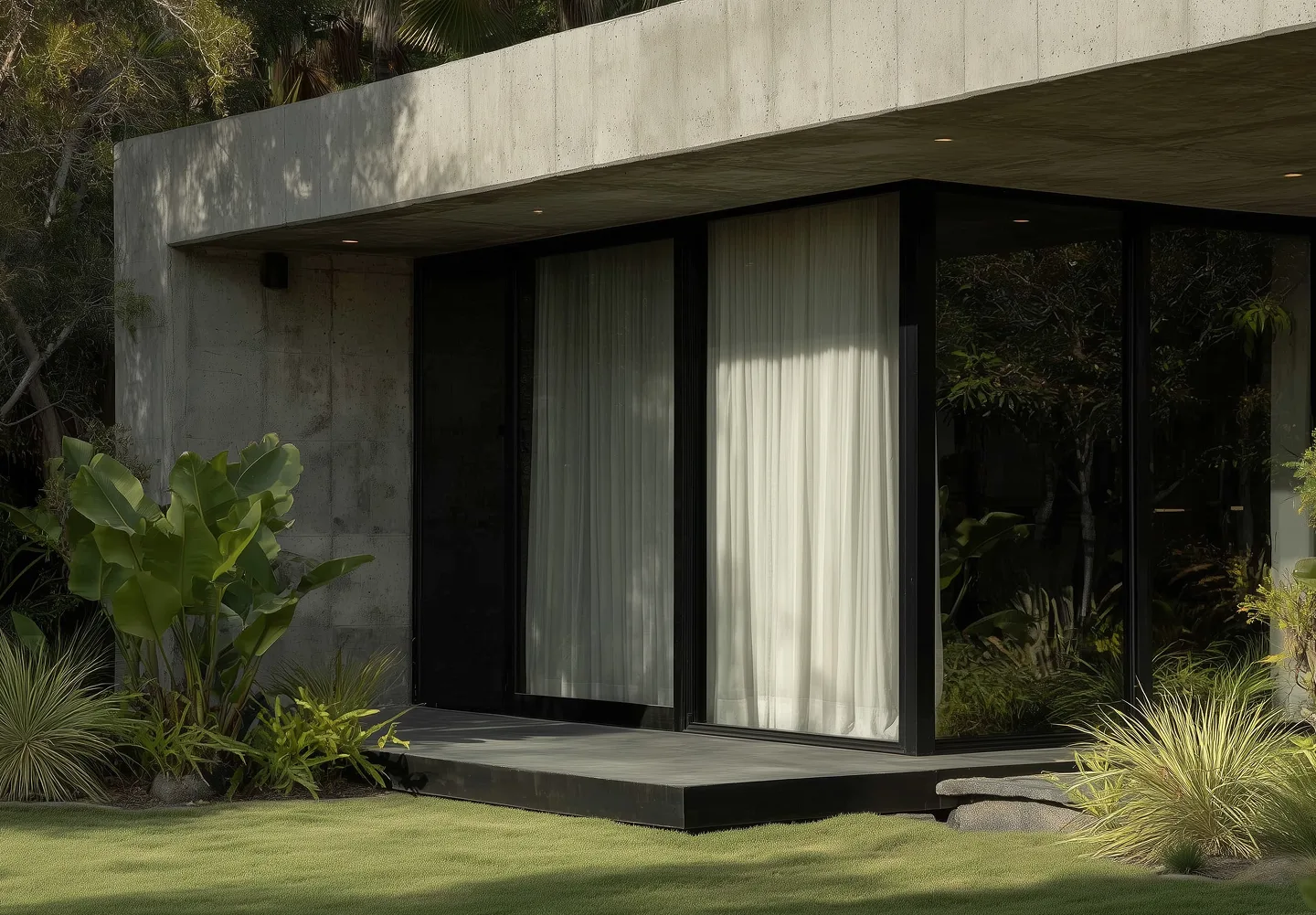 Corner of a modern concrete house with floor-to-ceiling glass, sheer curtains, and lush tropical planting on a lawn