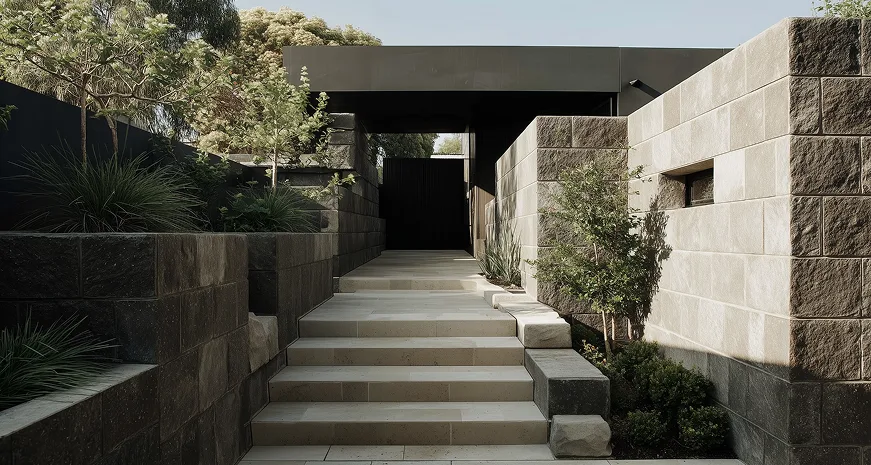 Stone steps leading up between textured masonry walls and greenery toward a recessed dark entryway