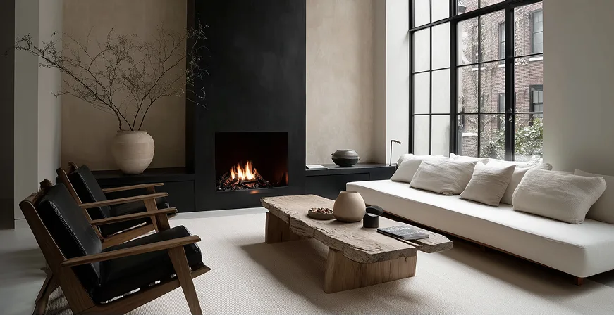 Minimalist living room with a lit fireplace, white sofa, black leather chairs, and a rustic wood coffee table by tall windows