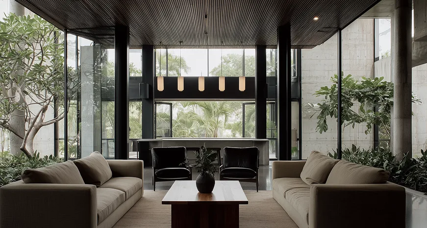 Double-height living room with two beige sofas, black armchairs, a linear pendant light, and full-height windows to greenery