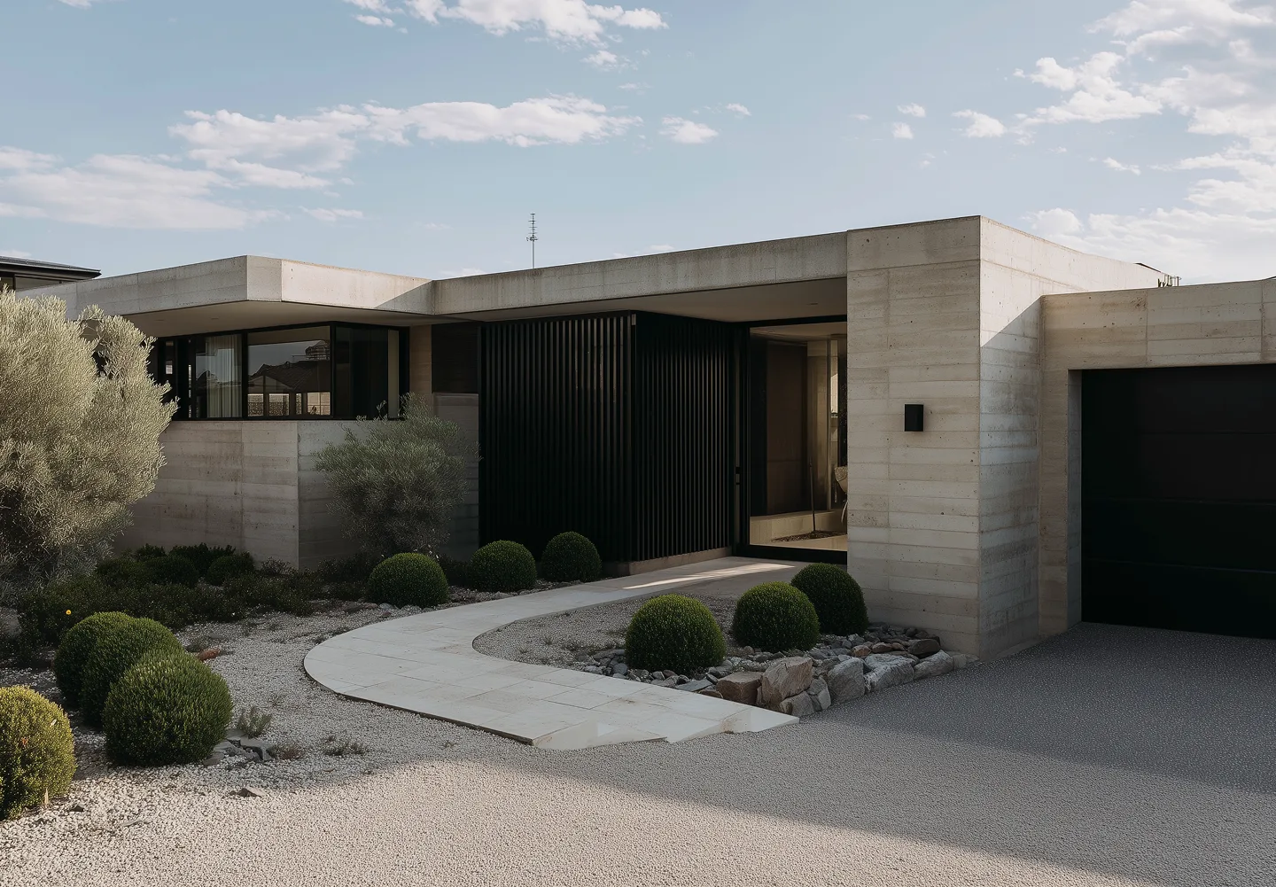 Single-story modern concrete home with black timber entry, manicured shrubs, gravel garden, and a dark double garage door
