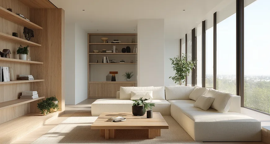 Bright living room with a white sectional sofa, oak coffee table, built-in wood shelving, and large windows with a treetop view