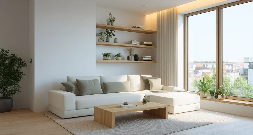 Minimalist living room with a white sofa, oak coffee table, floating wood shelves, and a corner window overlooking rooftops
