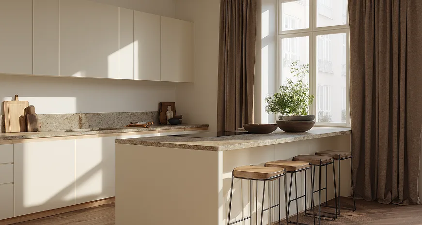 Sunlit kitchen with cream cabinets, stone-topped island, wood-seat bar stools, and brown curtains at a bright window