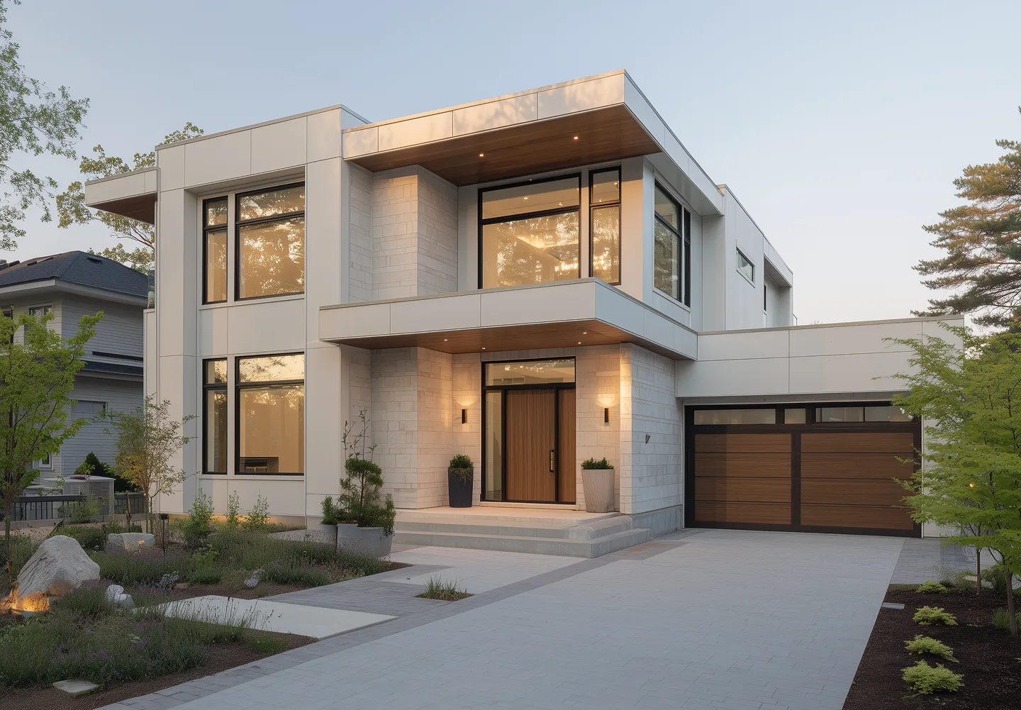 Two-story modern home at dusk with white panels, stone cladding, wood front door, glowing windows, and a two-car garage