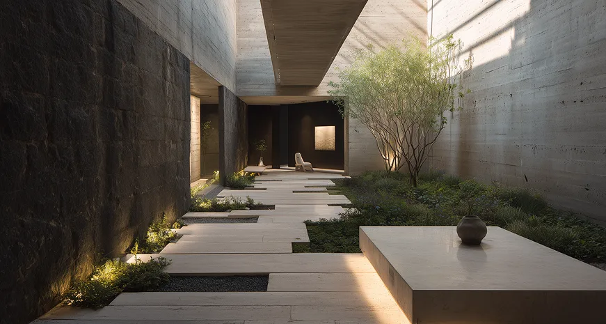 Sunlit concrete courtyard with stone stepping-stone paths, low greenery, a slender tree, and a stone bench with a vase