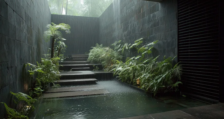 Sunken dark stone courtyard in the rain with a reflecting pool, steps, and lush ferns against basalt walls