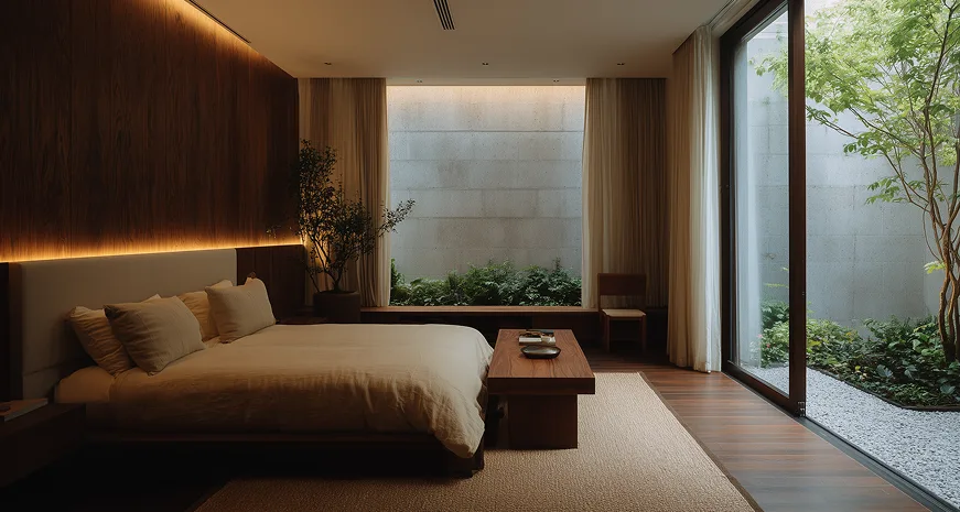 Warm bedroom with a wood feature wall, low platform bed, backlit headboard, and glass wall opening to a gravel courtyard
