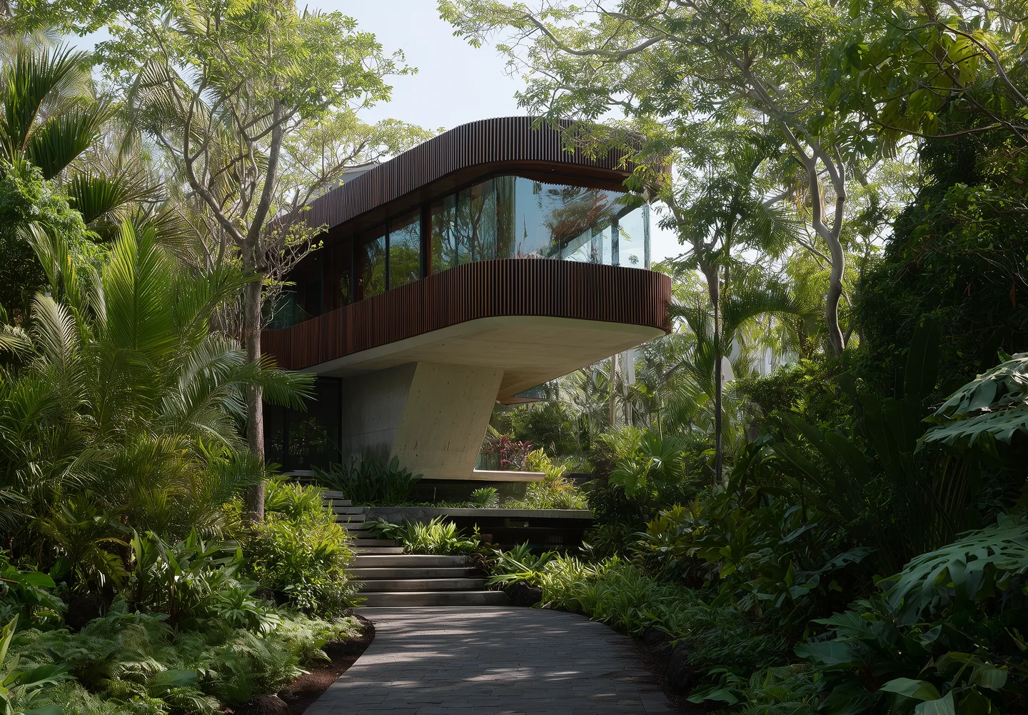 Curved timber-and-glass house cantilevered over a concrete pillar, surrounded by dense tropical jungle with a paved path