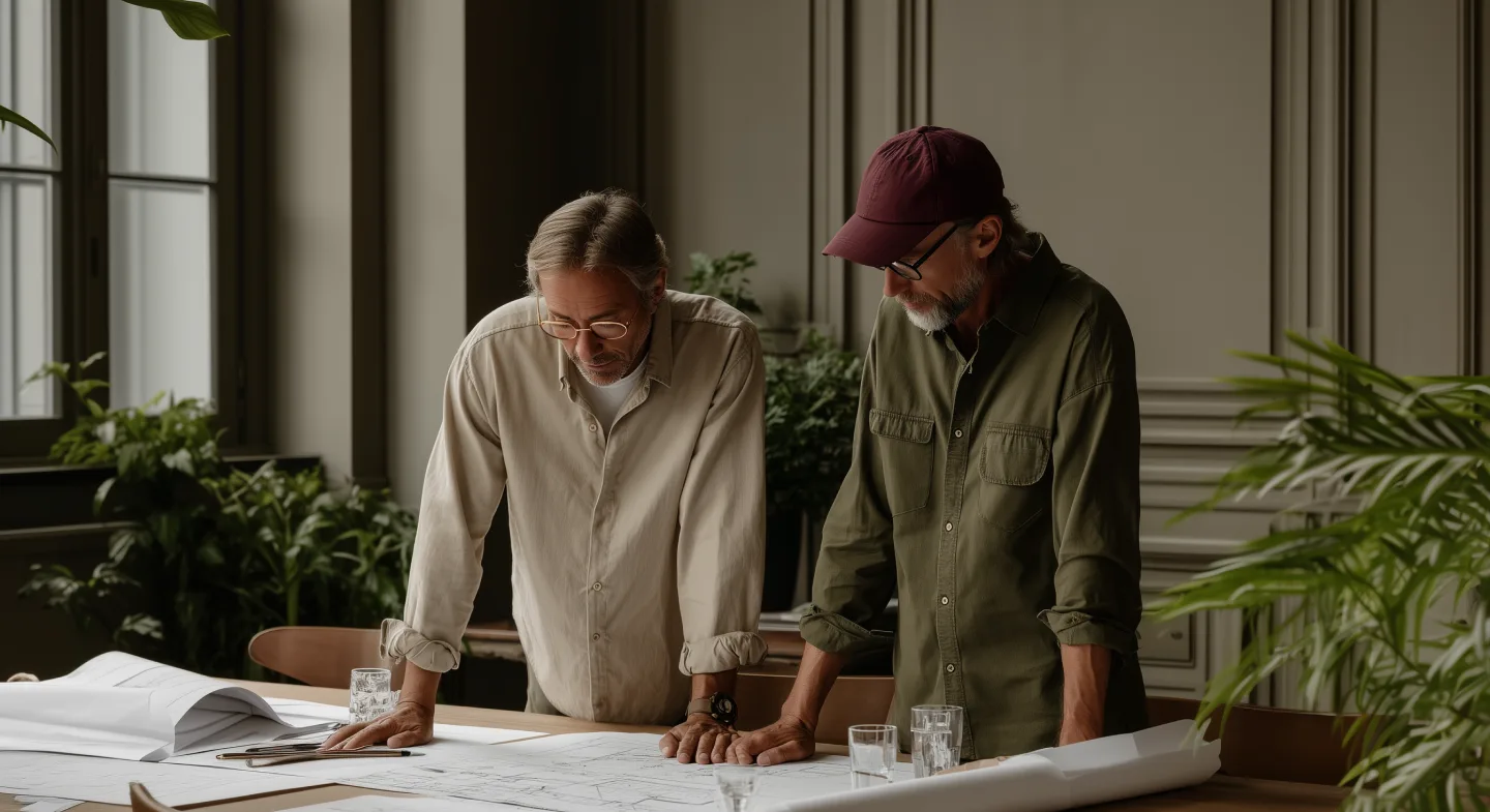 Two Revalto agents reviewing property plans together at a table