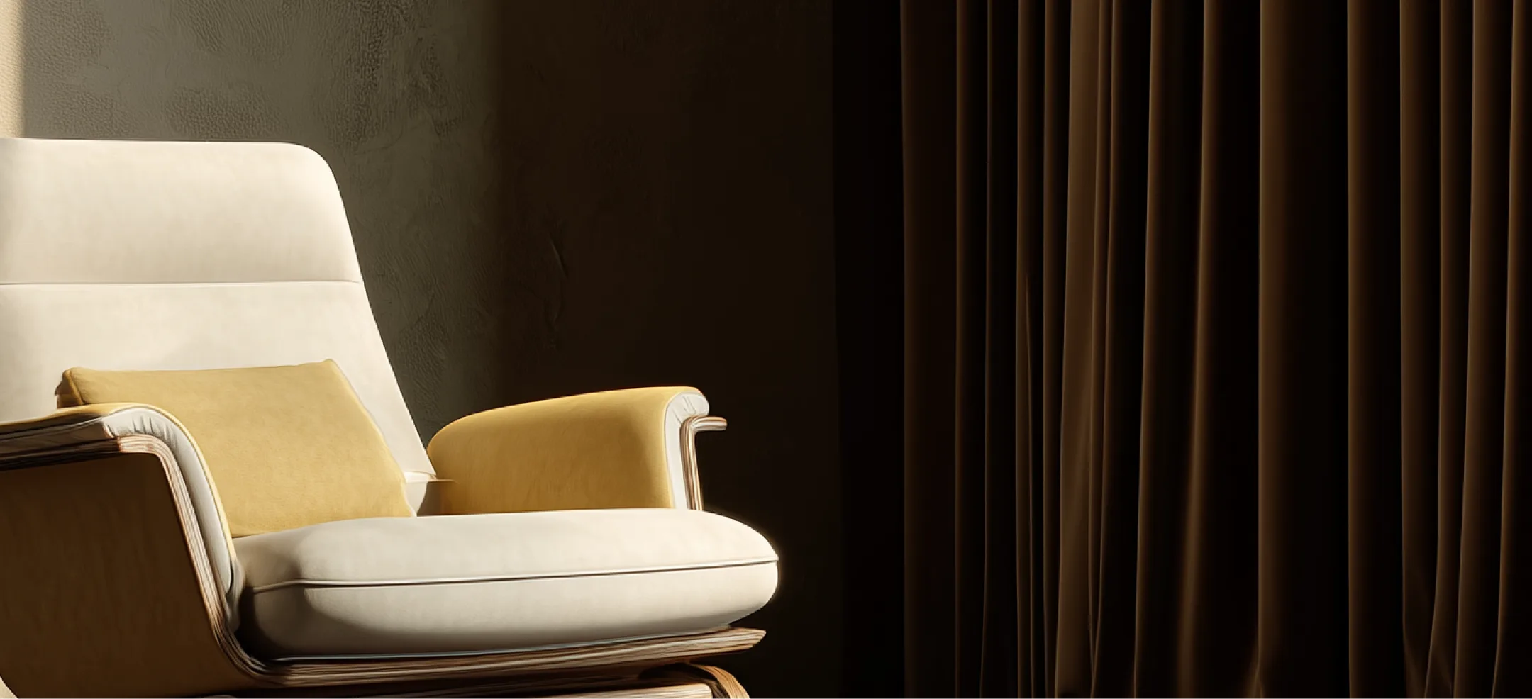 A styled interior with a lounge chair in warm evening light