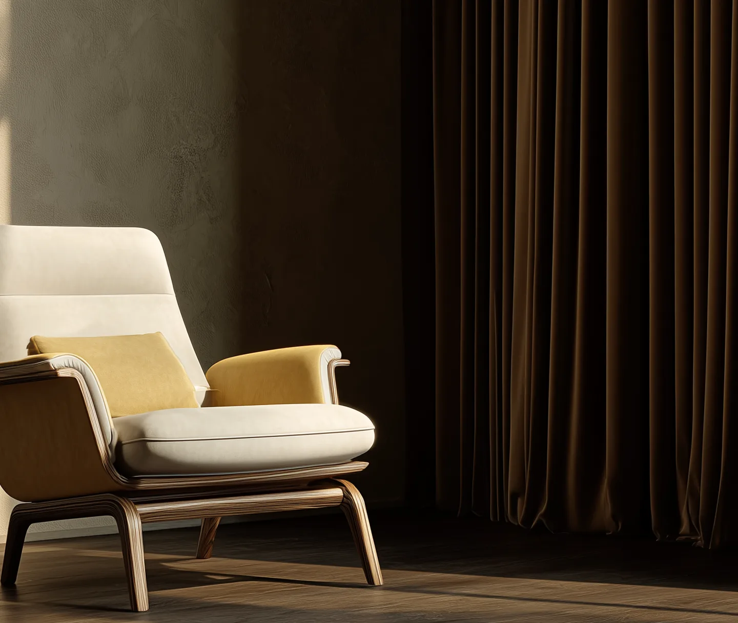 A modern lounge chair with cream leather cushions and a mustard-yellow pillow on a curved wooden frame, beside floor-length curtains in warm evening light