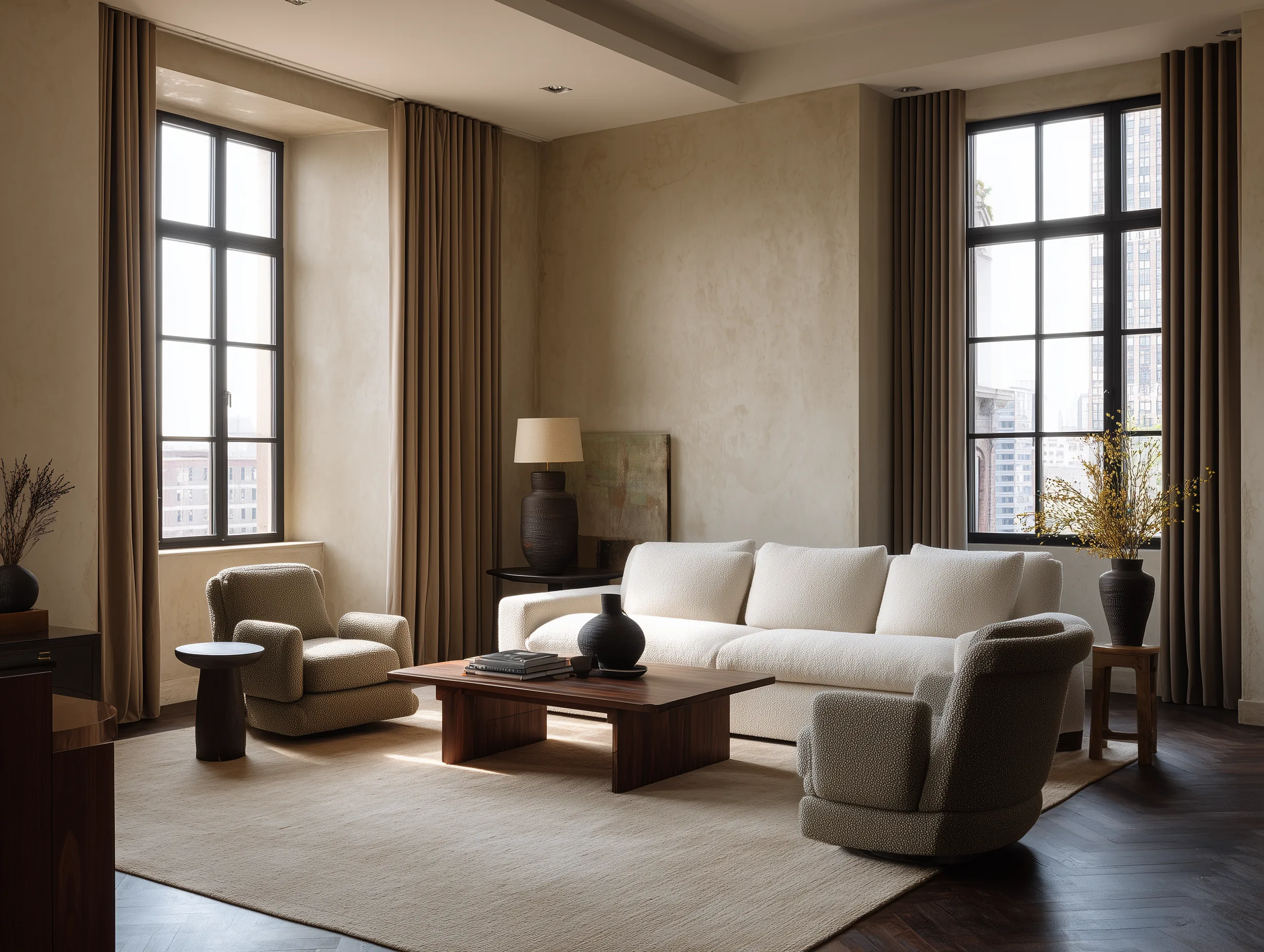 Bright, modern living room with a cream sofa, armchairs, and a wooden coffee table