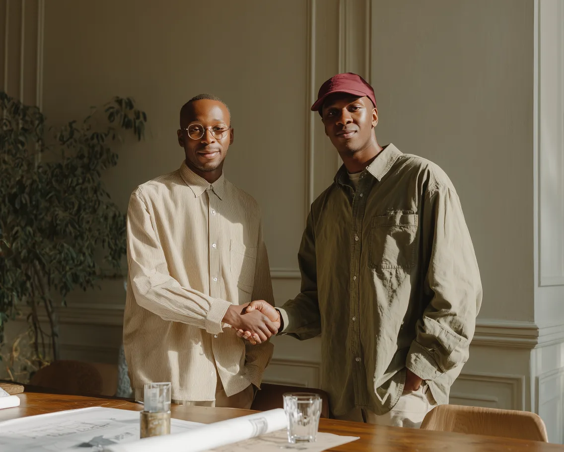 Two real estate agents shaking hands after closing a deal