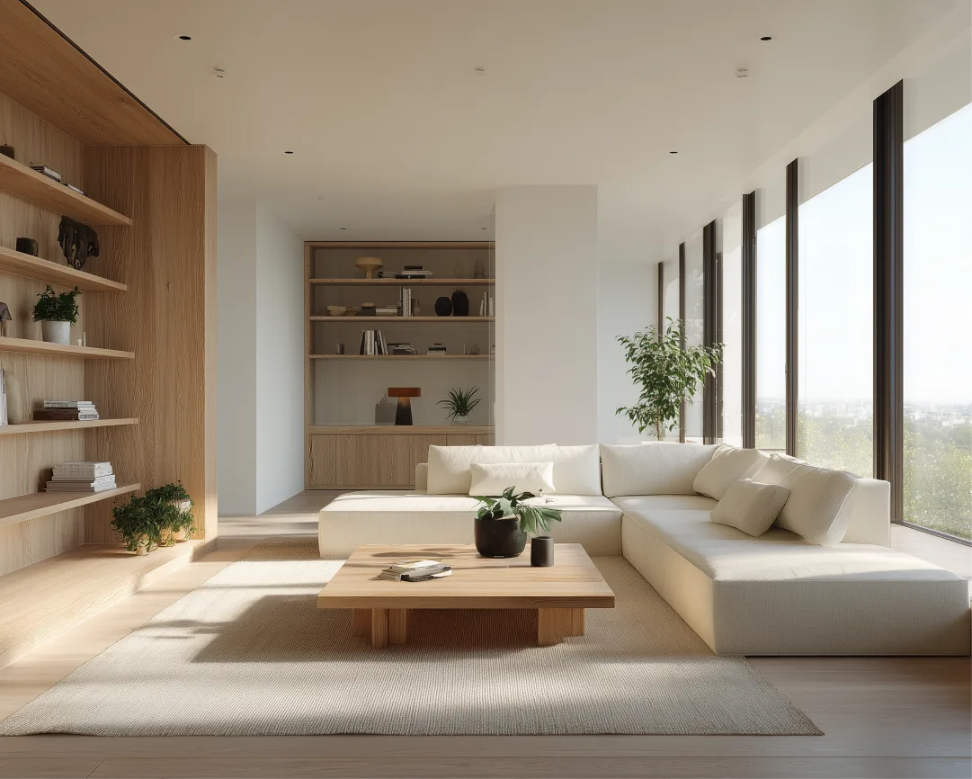 Bright hallway with built-in shelving featured in a 3D virtual tour